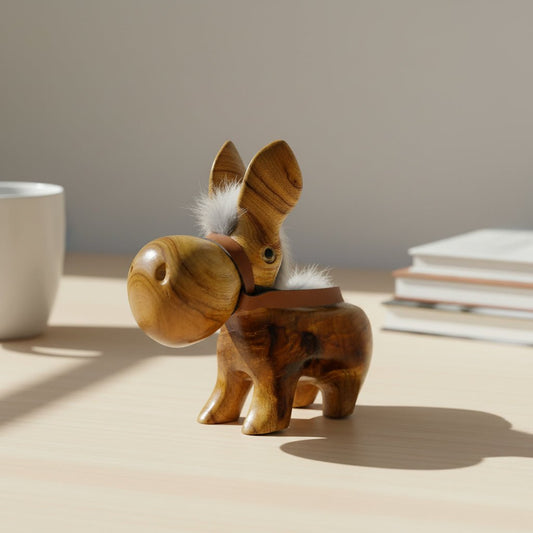 Wooden desk ornament placed on a tabletop as a funny desk gadget
