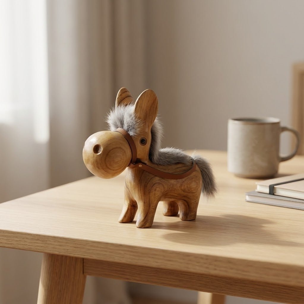 Wooden horse placed on a tabletop as a funny desk gadget
