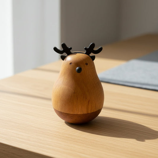 Wooden desk ornament placed on a tabletop as a funny desk gadget