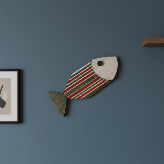 Wooden fish wall decor mounted on a wall with Mediterranean style