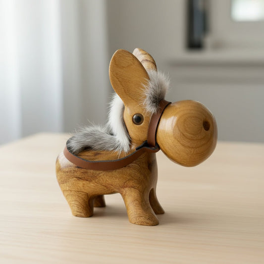 Wooden desk ornament placed on a tabletop as a funny desk gadget