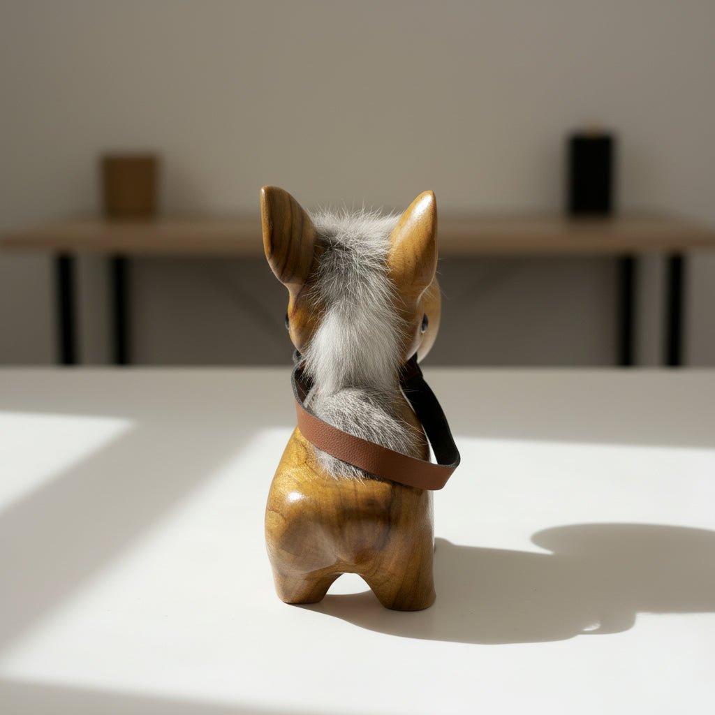 Back view of a wooden desk ornament