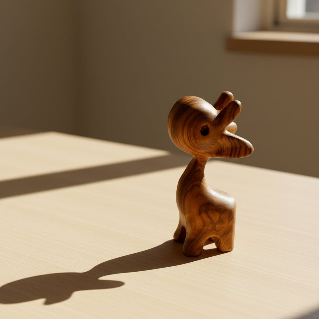 Wooden desk ornament placed on a tabletop as a funny desk gadget