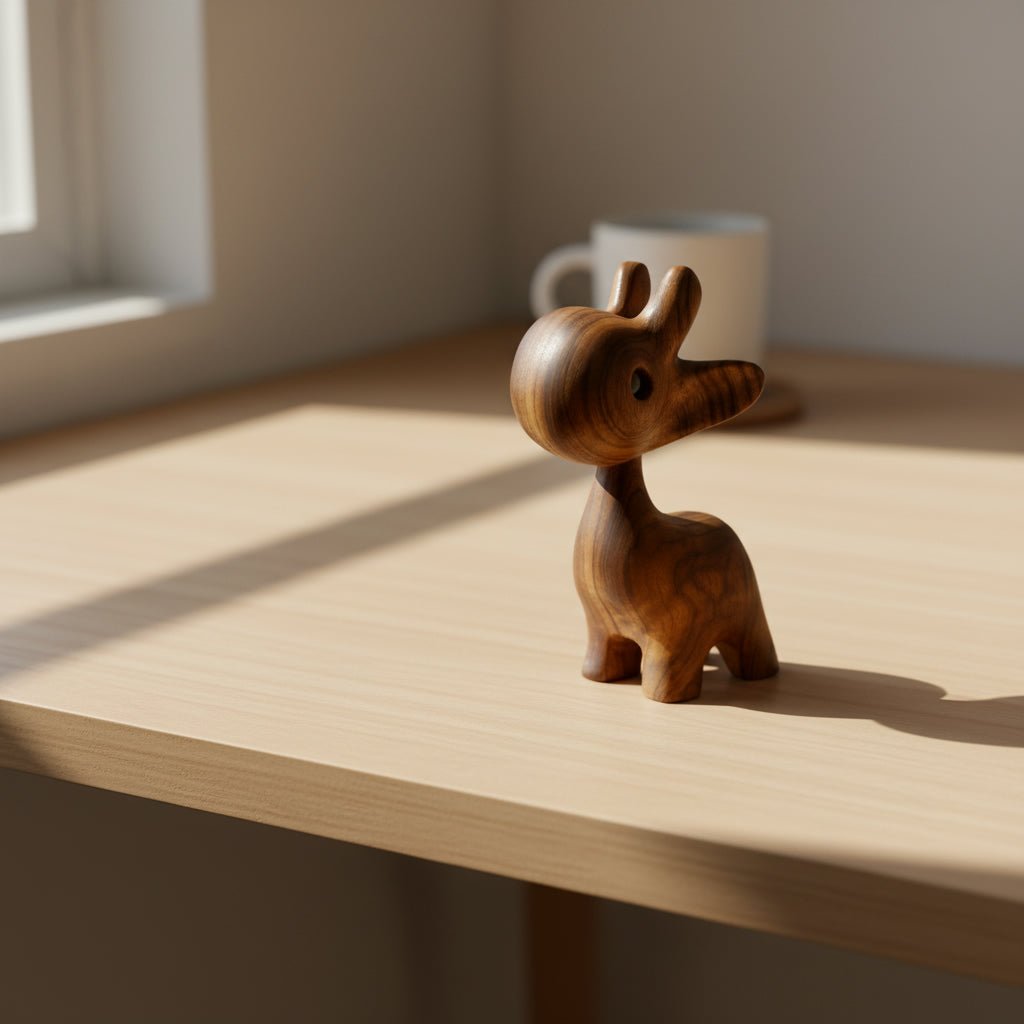 Wooden desk ornament placed on a tabletop as a funny desk gadget