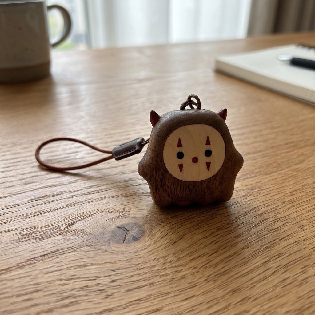 Wooden desk ornament placed on a tabletop as a funny desk gadget