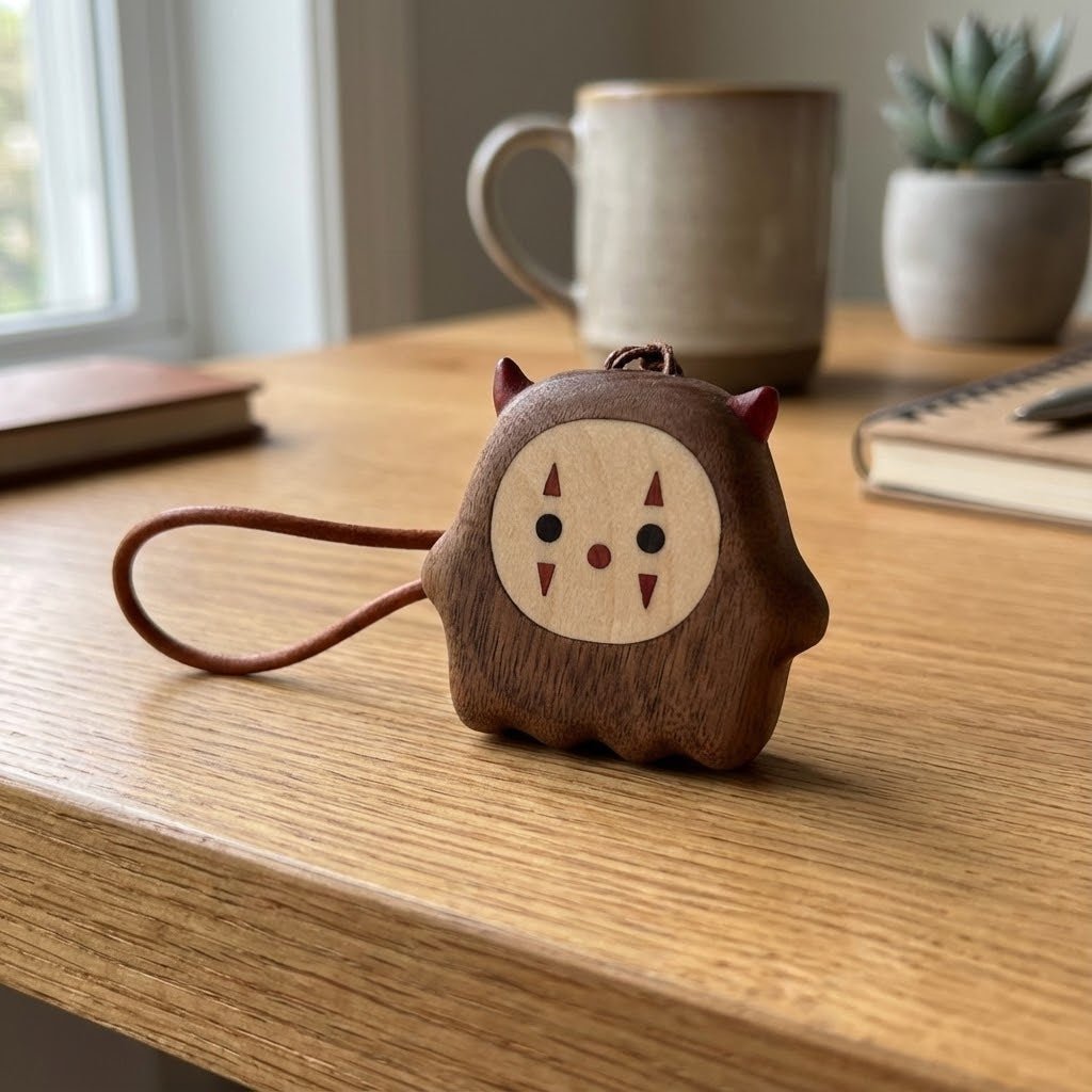 Close-up of a walnut wood charm showing smooth polished grain