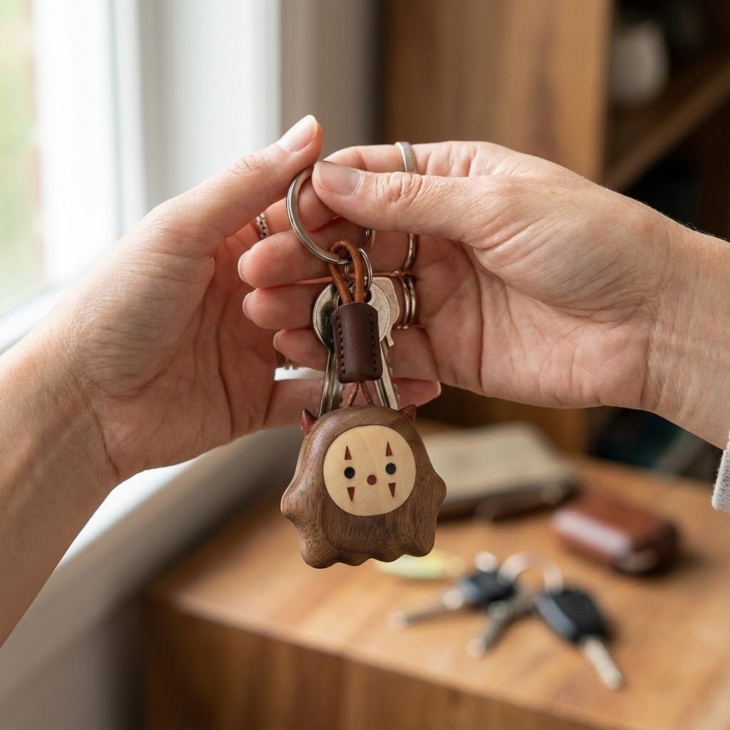 Walnut wood charm hanging from a keyring in daily use