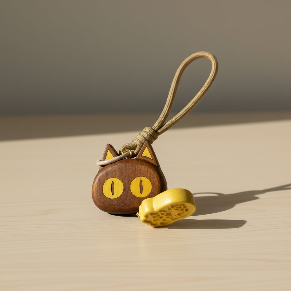 Wooden cat charm made from walnut wood placed on a desk