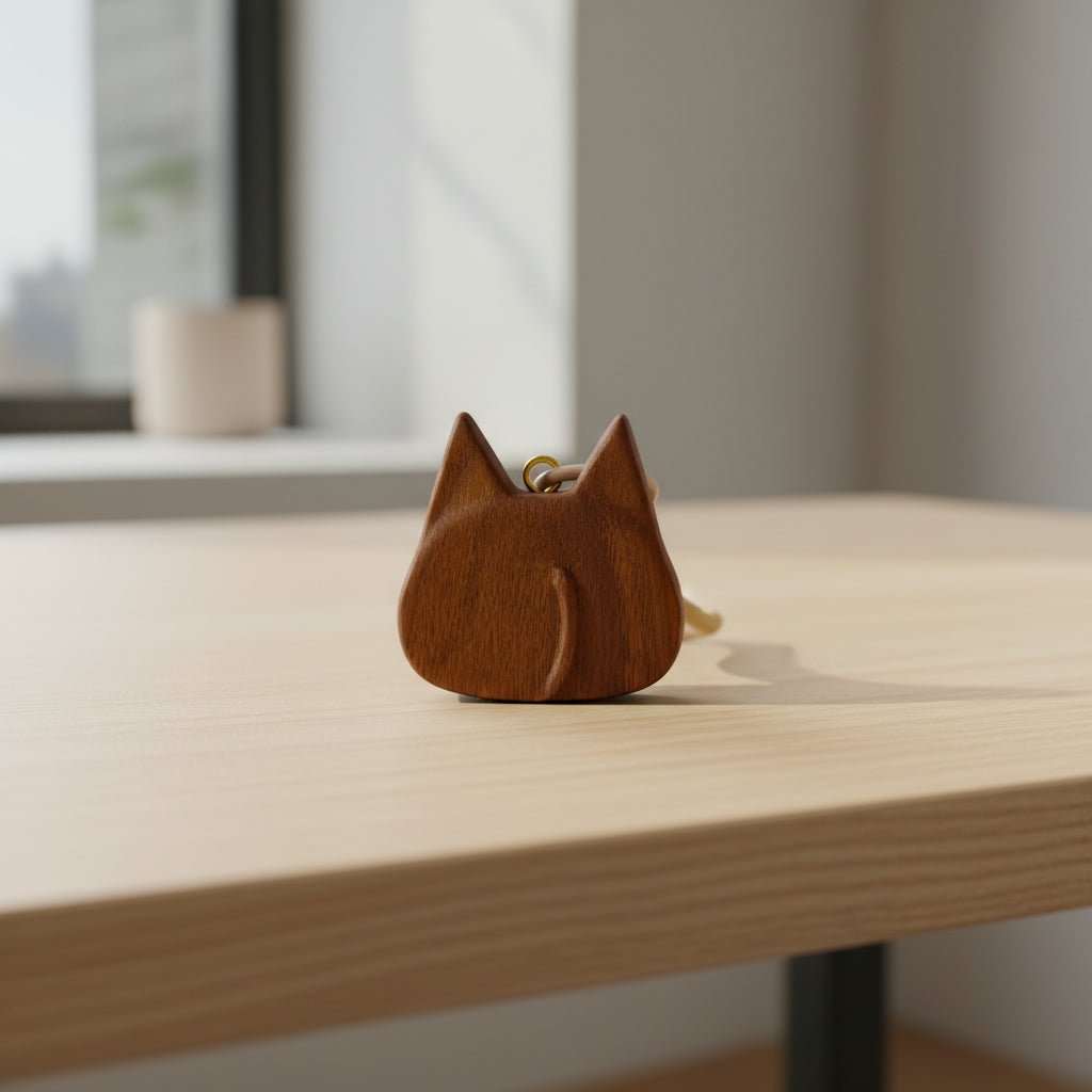 Back view of a wooden cat charm on a desktop surface