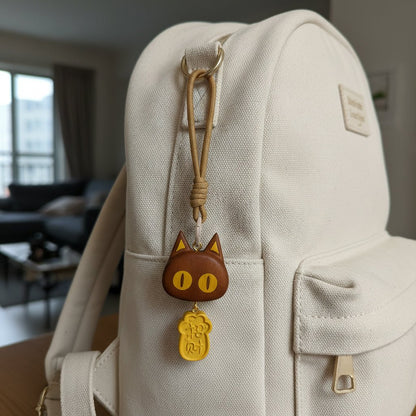 Wooden cat charm attached to a backpack for everyday carry