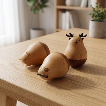 Wooden desk ornament placed on a tabletop as a funny desk gadget
