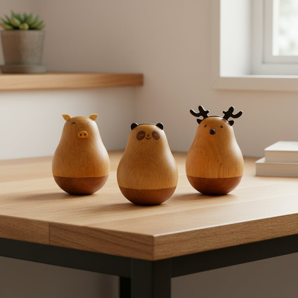 Wooden desk ornament placed on a tabletop as a funny desk gadget