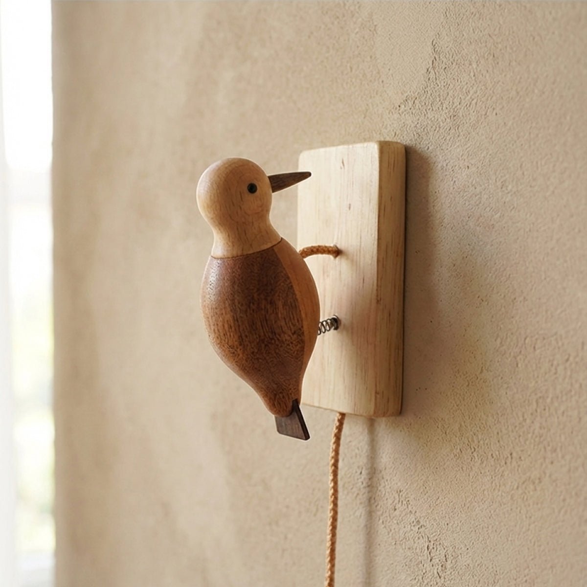 Close-up of a wooden woodpecker wall ornament showing a smooth polished surface