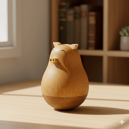 Side view of a wooden desk ornament on a desktop