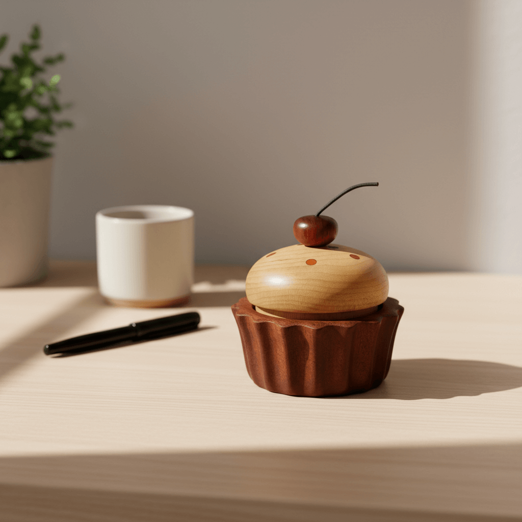 Wooden cake music box used as a decorative piece on a study desk