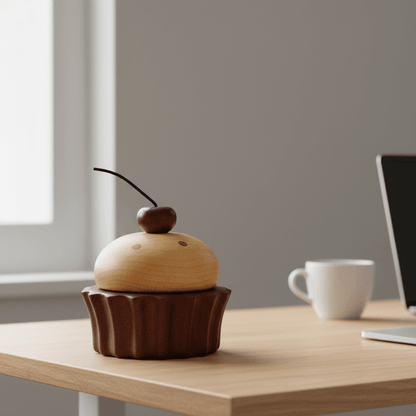 Wooden cake music box placed on a desk for playful decor