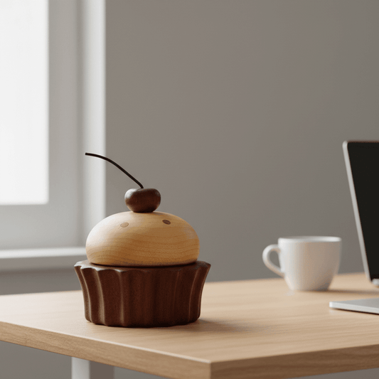 Wooden cake music box placed on a desk for playful decor