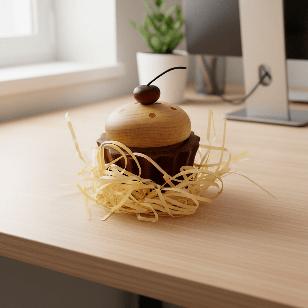 Wooden cake music box with a playful design on a desktop