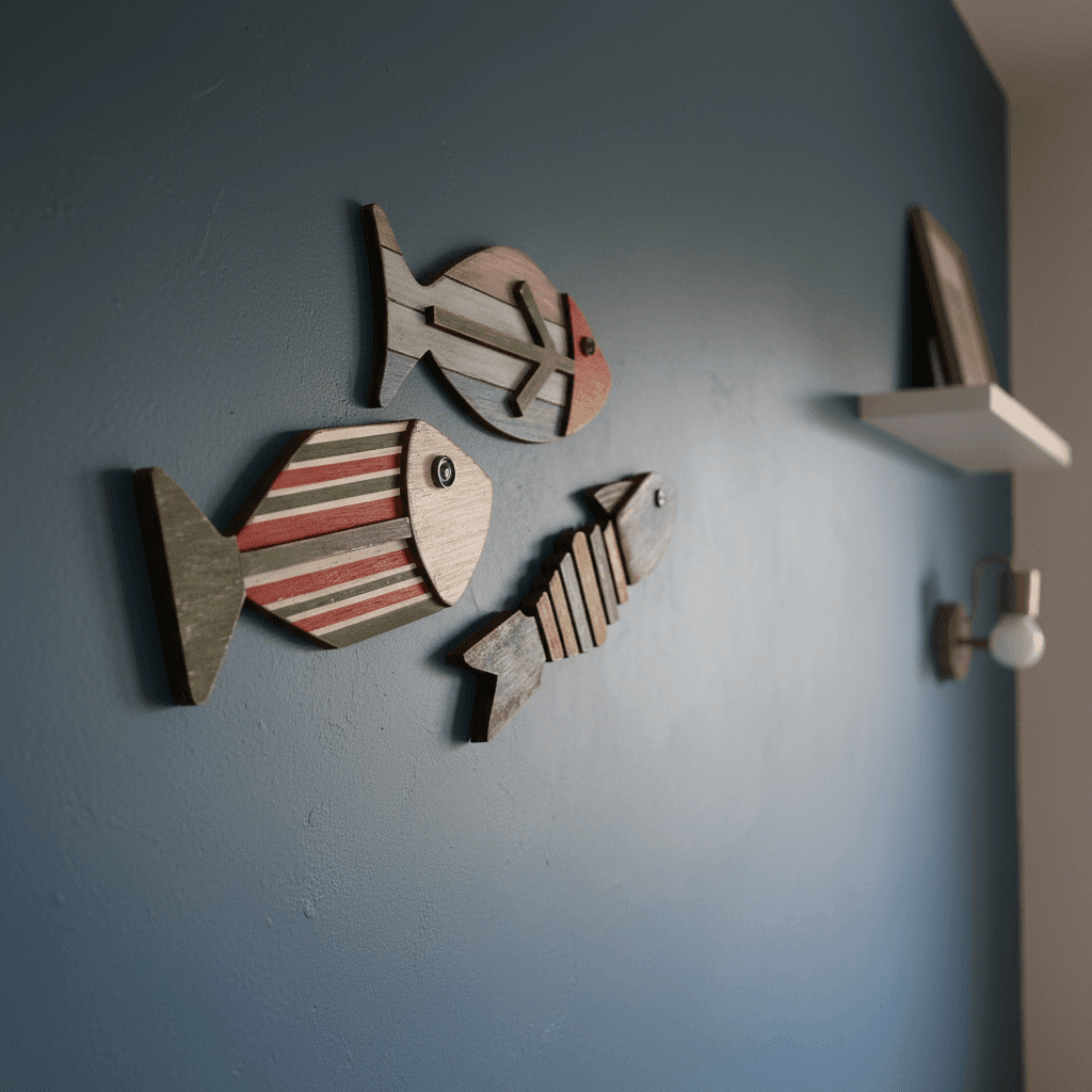 Side view of a wooden fish wall decor mounted on a wall