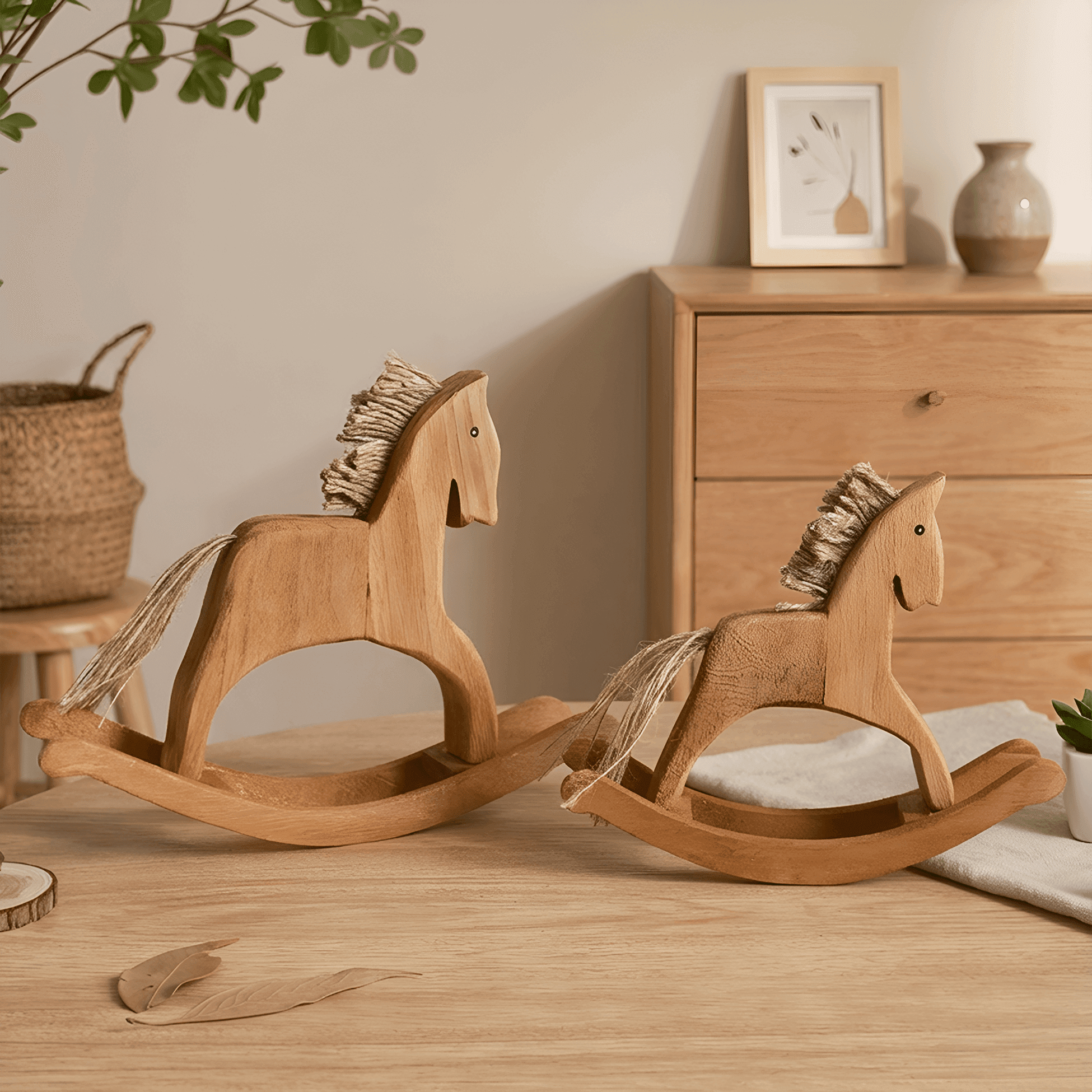Side view of a wooden rocking horse decor on a desk