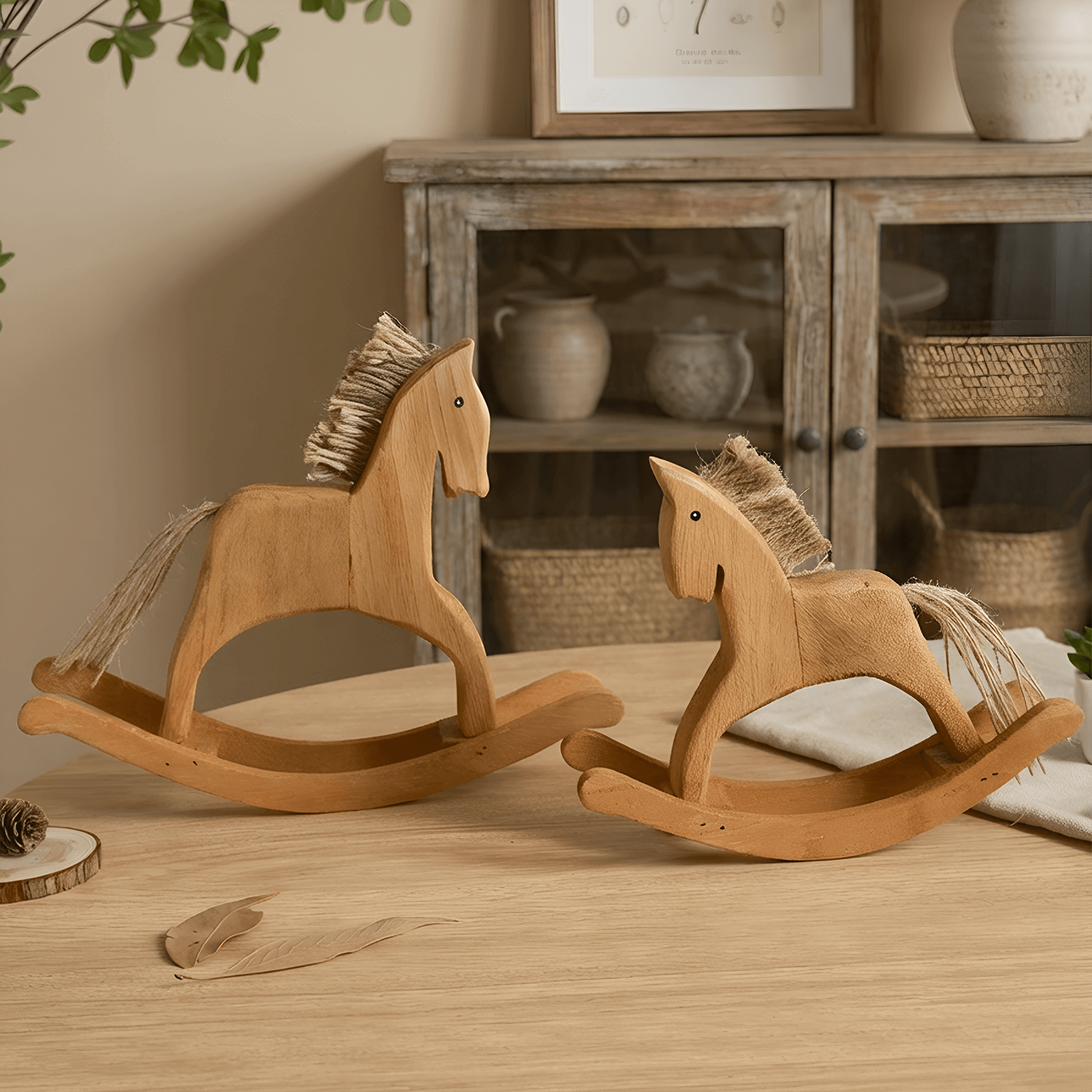 Rocking horse decor used as a stress-relief piece on an office desk