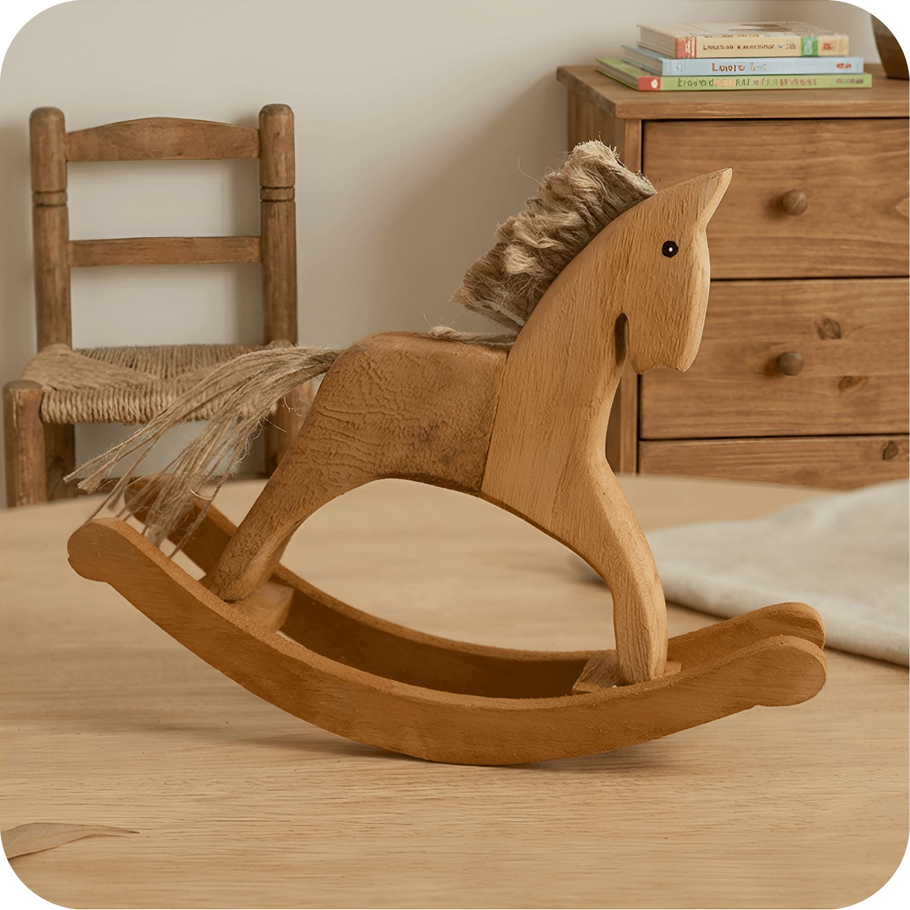Wooden rocking horse decor with a natural and playful design