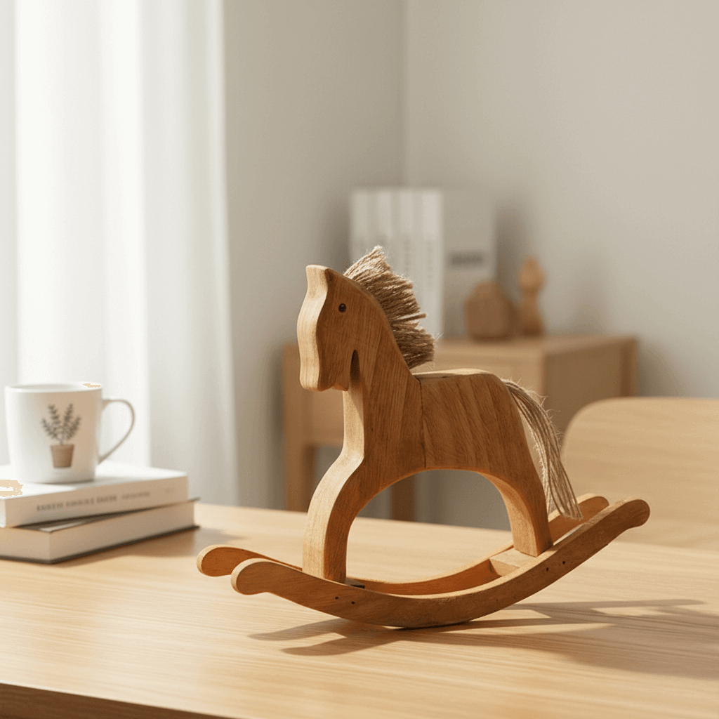 Side view of a wooden rocking horse decor on a desk