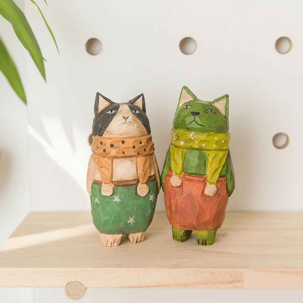 Multicolored cat figurines used as desk companions on an office desk