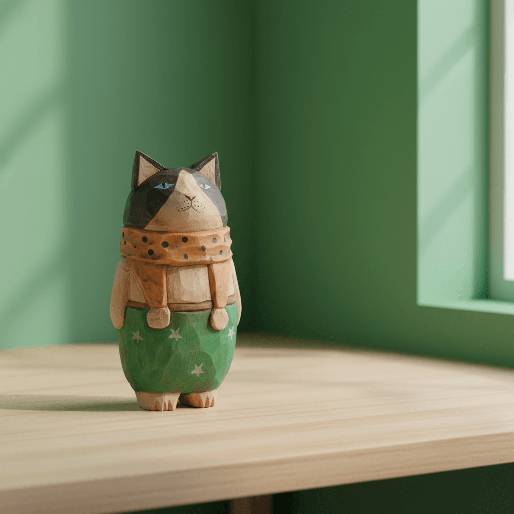 Wooden multicolored cat figurines placed on an office desk