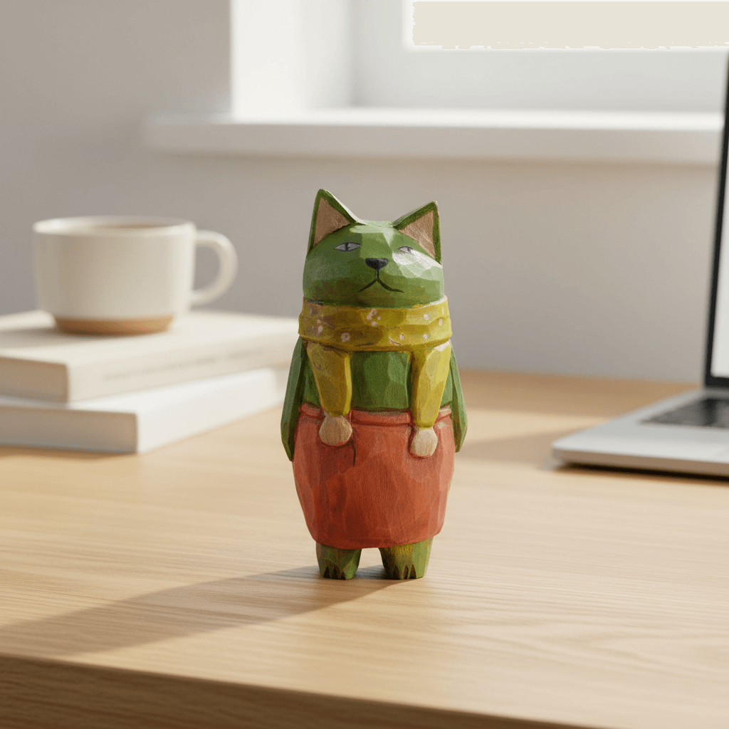 Wooden desk ornament placed on a tabletop as a funny desk gadget