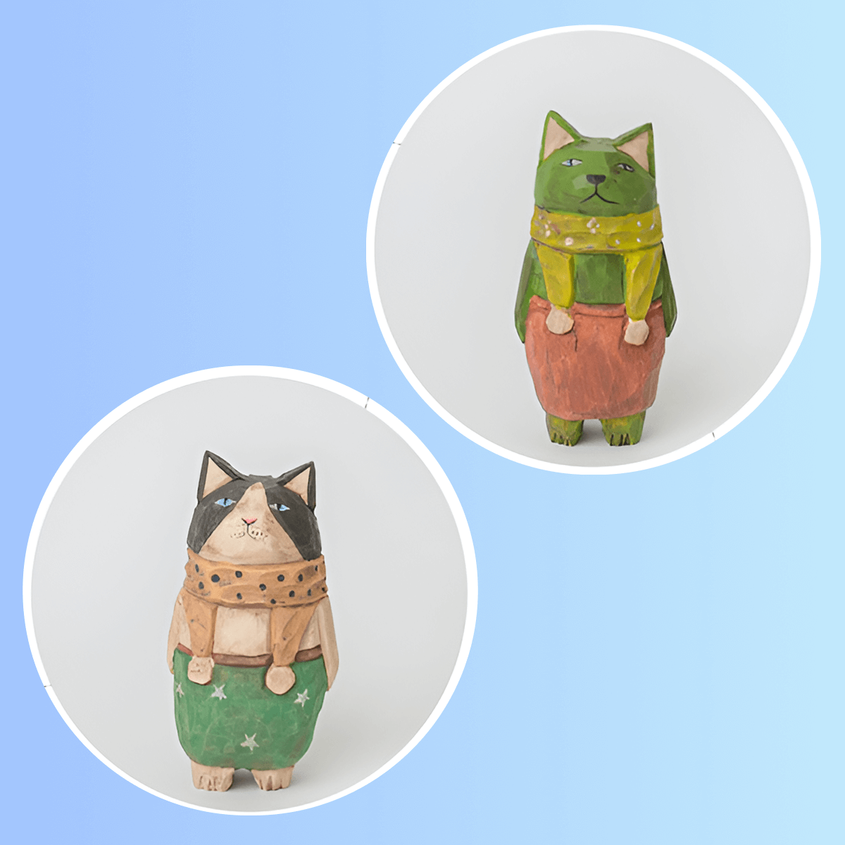 Wooden multicolored cat figurines with a playful and colorful design