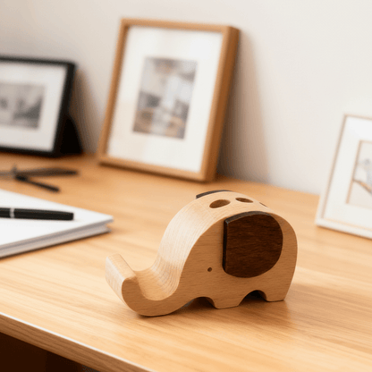 Wooden desk ornament placed on a tabletop as a funny desk gadget