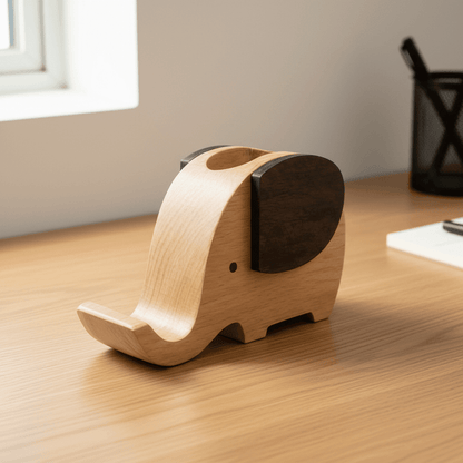 Side view of a wooden elephant pen holder on a desk