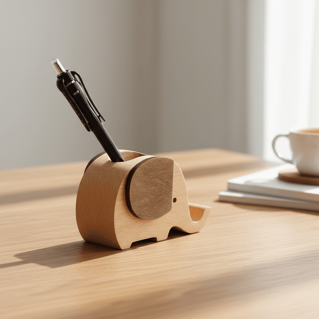 Wooden elephant pen holder displayed on a desktop surface