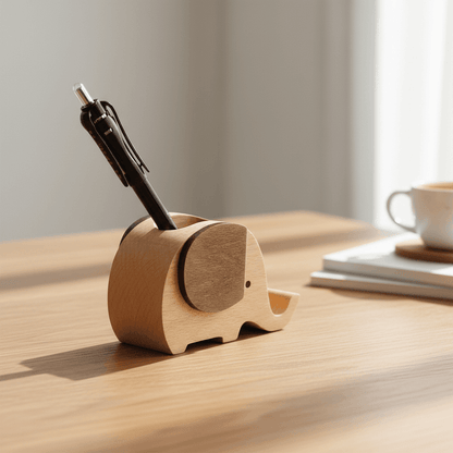 Wooden elephant pen holder displayed on a desktop surface