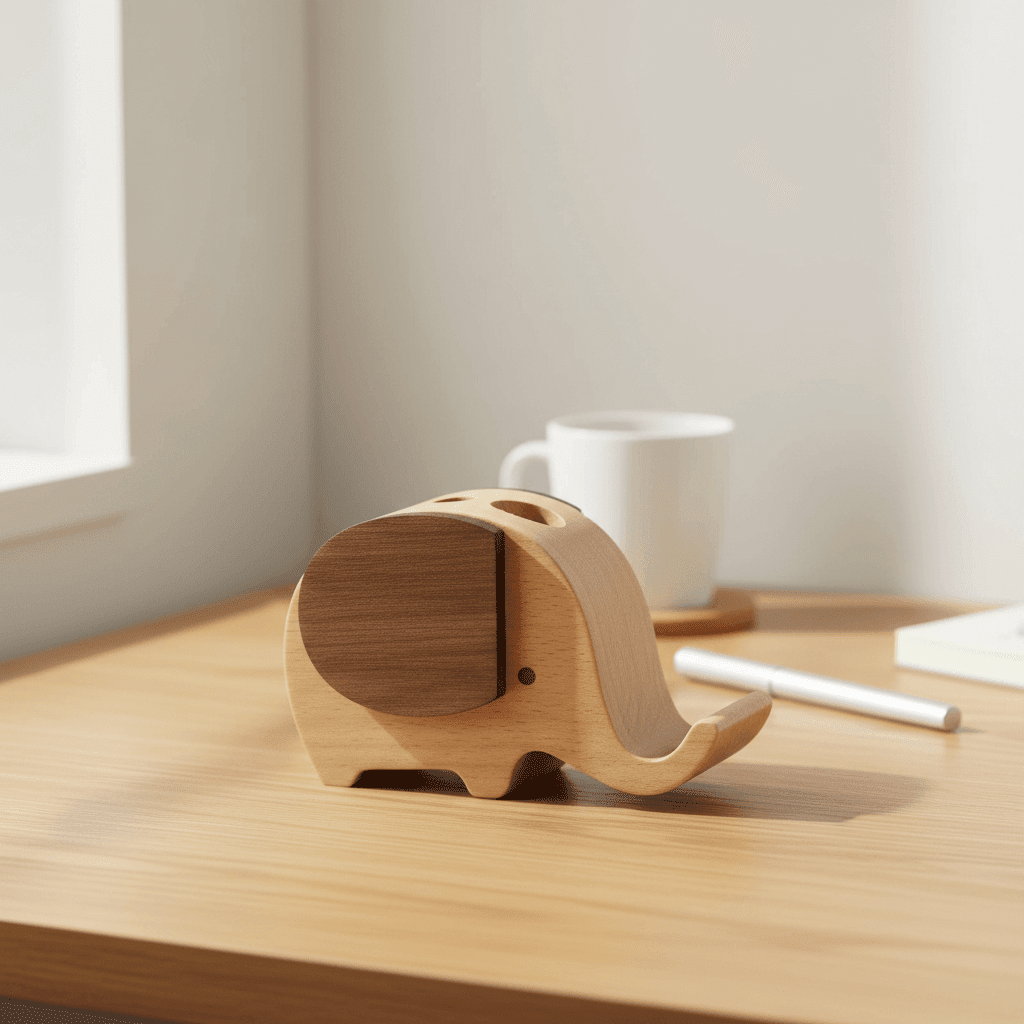 Wooden elephant pen holder with a simple and playful design