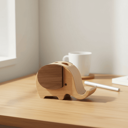 Wooden elephant pen holder with a simple and playful design